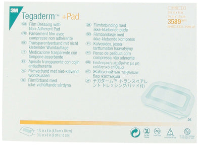 3M Tegaderm +Pad Film Dressing with Non-Adherent Pad 3589, 25 Pieces