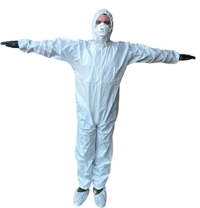 Case of 50 Hazmat Suits, Chemical Protective Coverall with Hood, Zipper Size L